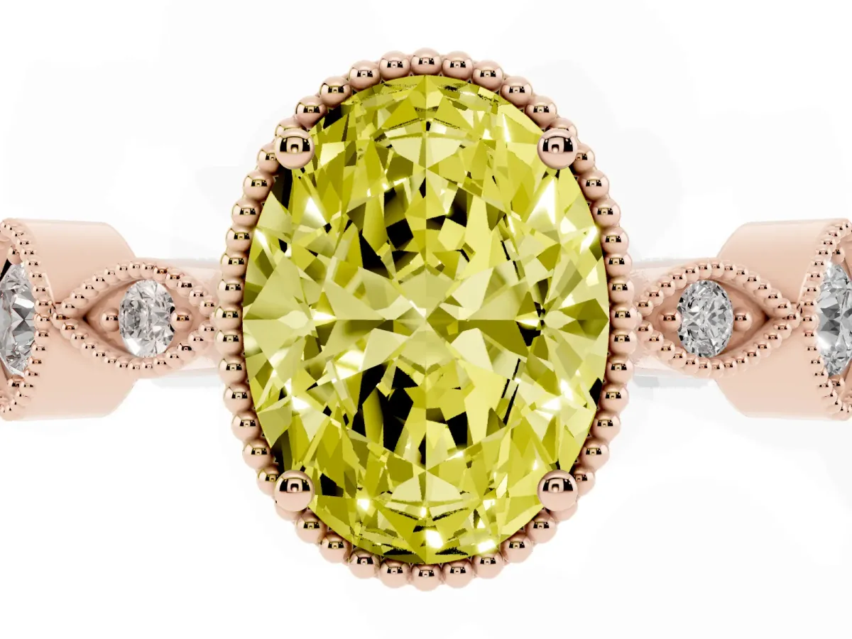 Fancy Yellow Oval Cut Diamond Vintage Milgrain Ring with Round Stations Rose gold