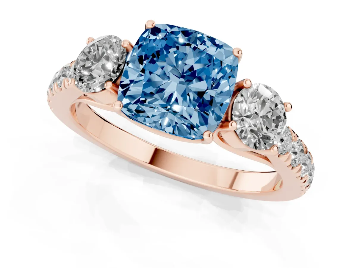 Fancy Blue Cushion Cut Cut Diamond Three-Stone Ring with Round Side Stones and Pavé Band Rose gold