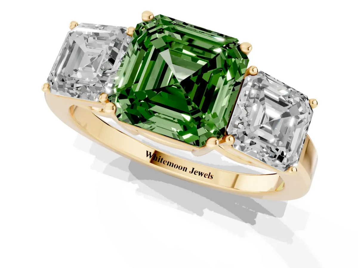 Fancy Green Three-Stone Asscher Cut Cut Diamond Engagement Ring with Flat Band and Four-Prong Setting Yellow gold