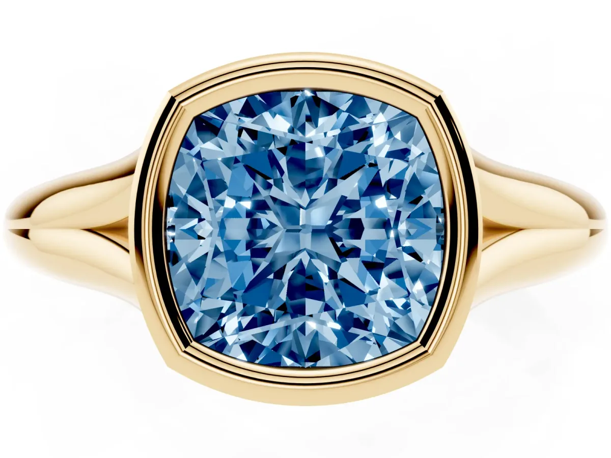 Fancy Blue Bezel Set Cushion Cut Solitaire Diamond Ring with Smooth Band Yellow gold