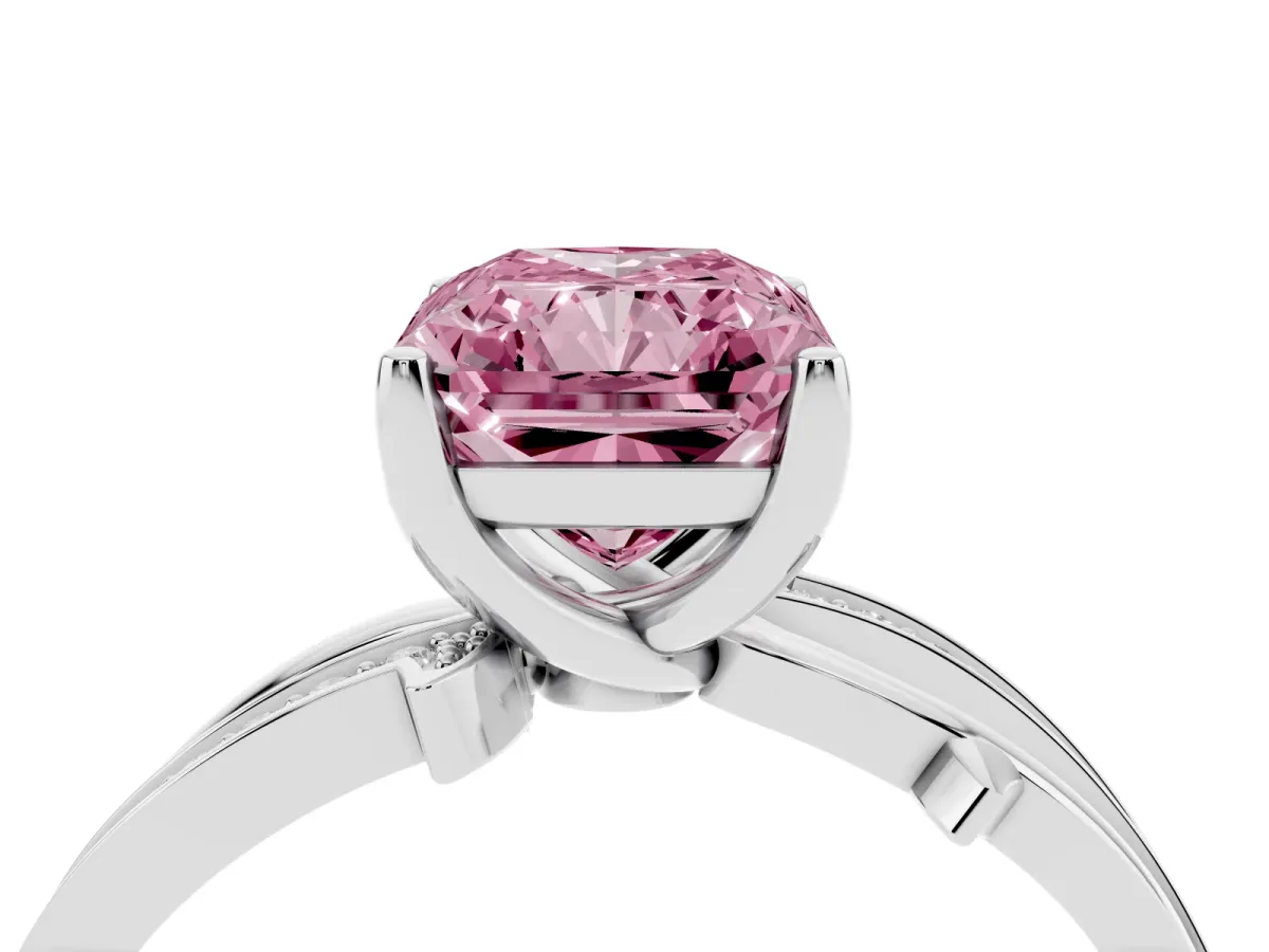 Fancy Pink Radiant Cut Solitaire Twist Band with Pavé Accents and Four-Prong Setting Silver