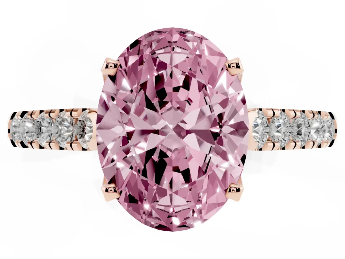 Fancy Pink Oval Cut Diamond Pavé Band Solitaire Ring with Prong Setting Rose gold