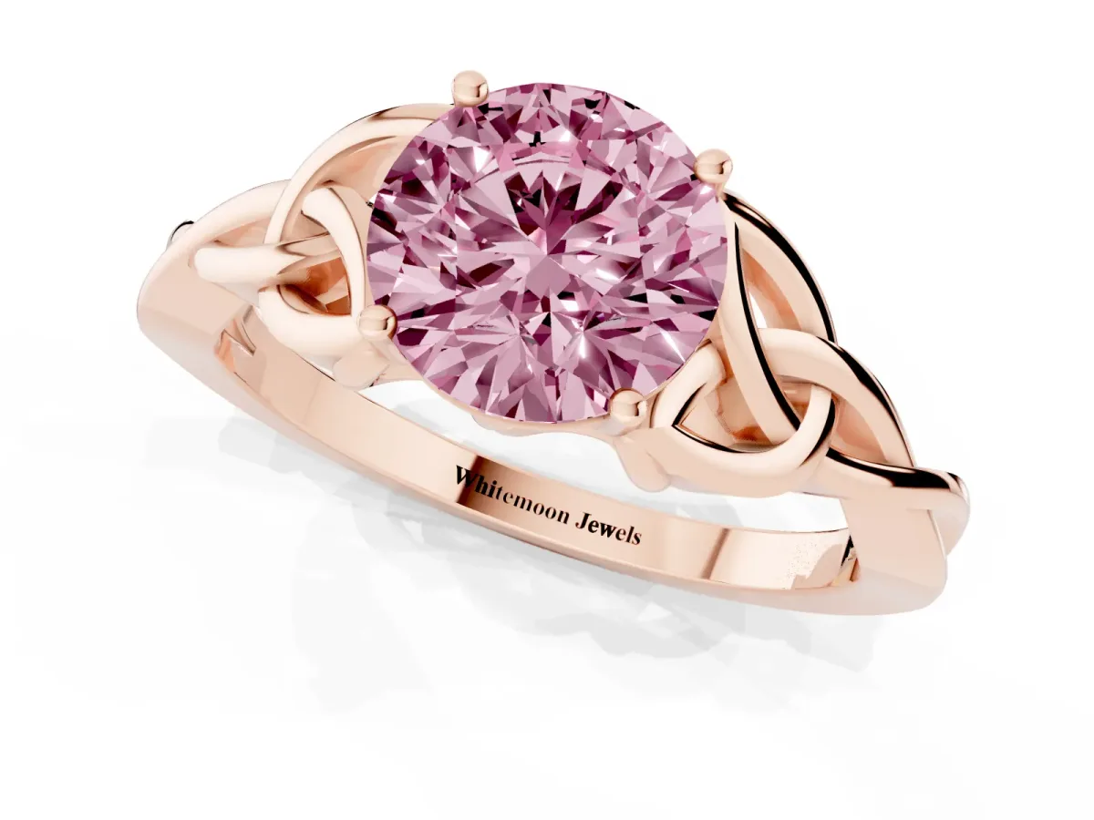 Fancy Pink Round Cut Diamond Solitaire Engagement Ring with Celtic Knot Band and Four-Prong Setting Rose gold