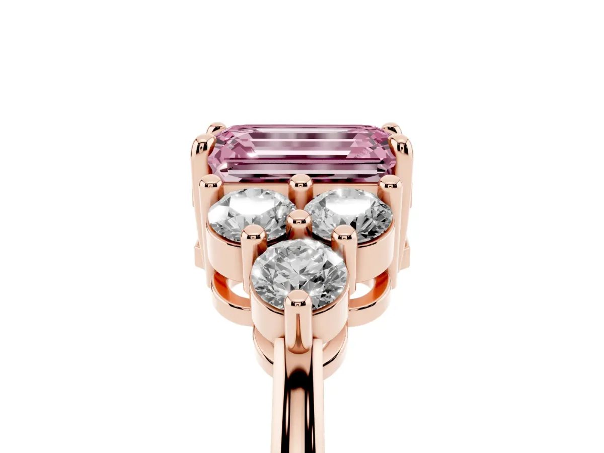 Fancy Pink Emerald Cut Brilliant Diamond Cluster Accent Solitaire Ring with Prong Setting Rose gold