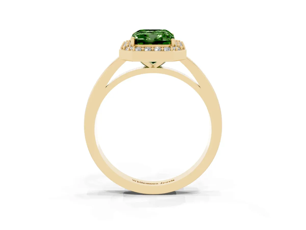 Fancy Green Radiant Cut Halo Diamond Ring with Solitaire Band and Prong Setting Yellow gold