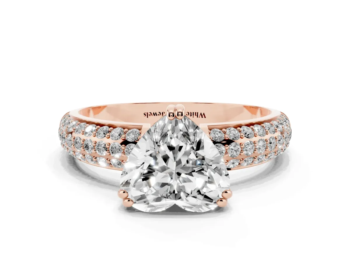 Heart Cut Diamond Solitaire Ring with Multi-Row Round Pavé Band and Prong Setting Rose gold