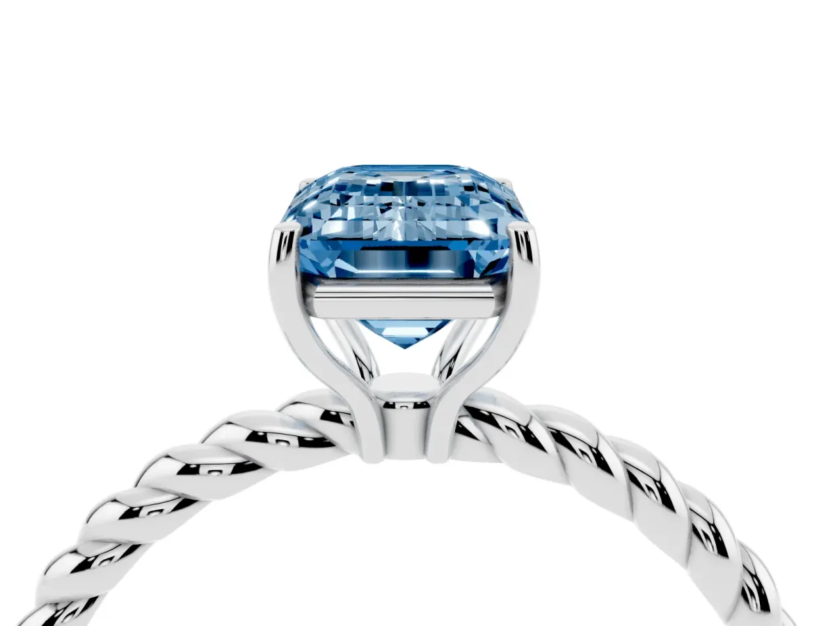 Fancy Blue Emerald Cut Solitaire Twisted Band 4-Prong Ring Silver