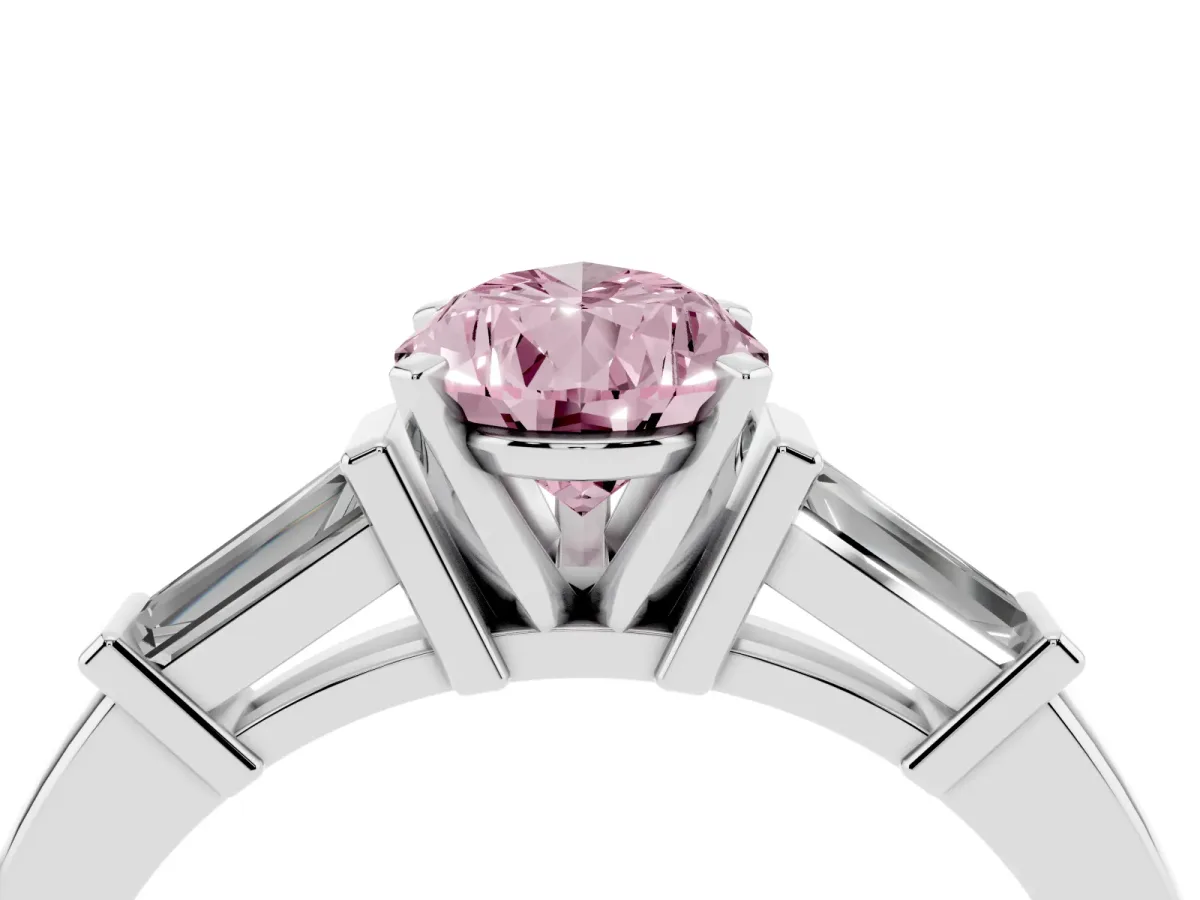 Fancy Pink Pear Cut Cut Diamond Solitaire Ring with Tapered Baguette Accents and Four-Prong Setting Platinum