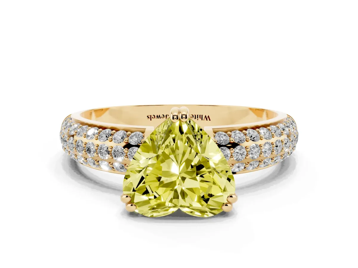Fancy Yellow Heart Cut Diamond Solitaire Ring with Multi-Row Round Pavé Band and Prong Setting Yellow gold