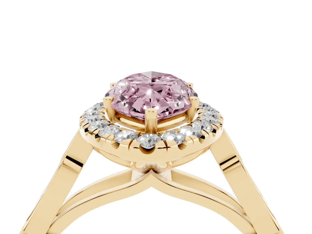 Fancy Pink Marquise Cut Halo Diamond Engagement Ring with Filigree Band and Four-Prong Setting Yellow gold