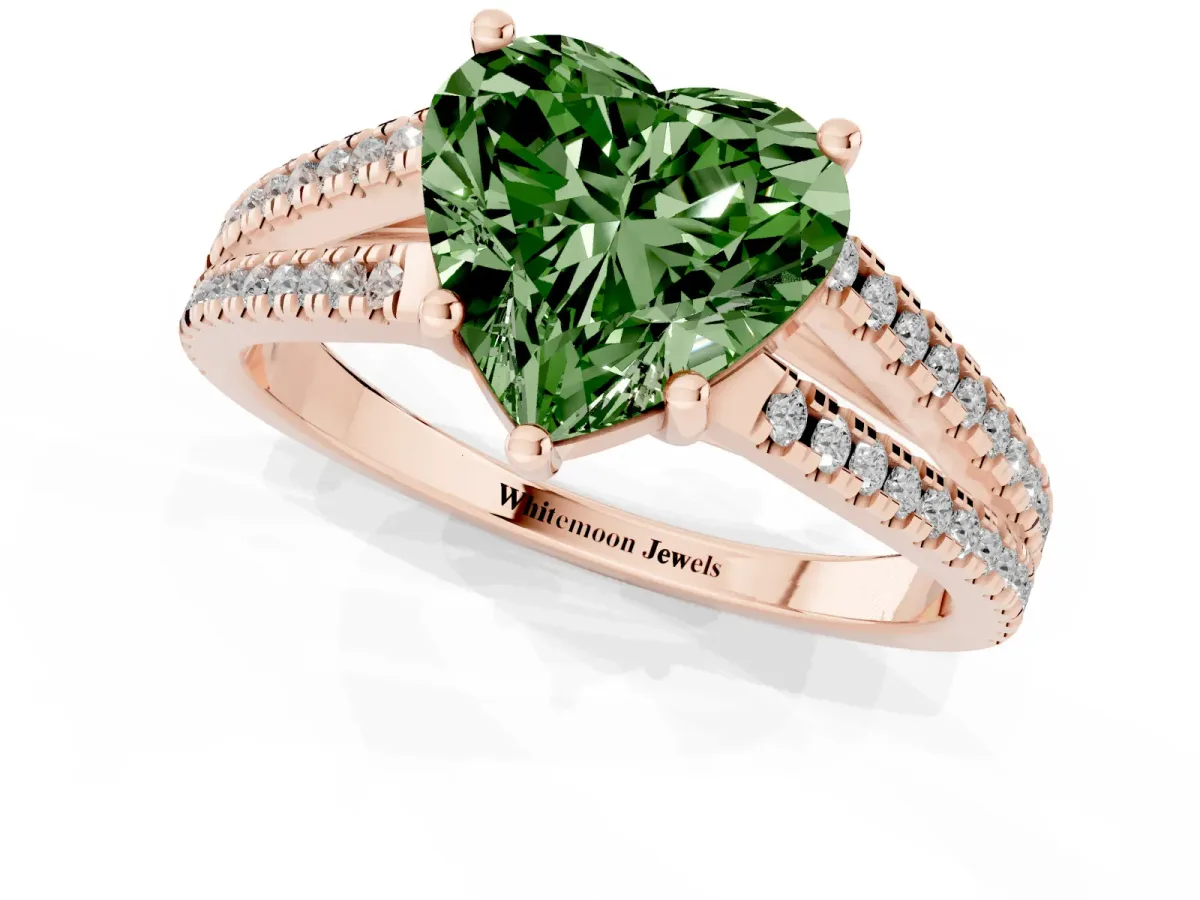 Fancy Green Heart Cut Diamond Solitaire Engagement Ring with Split Shank Pavé Band Rose gold