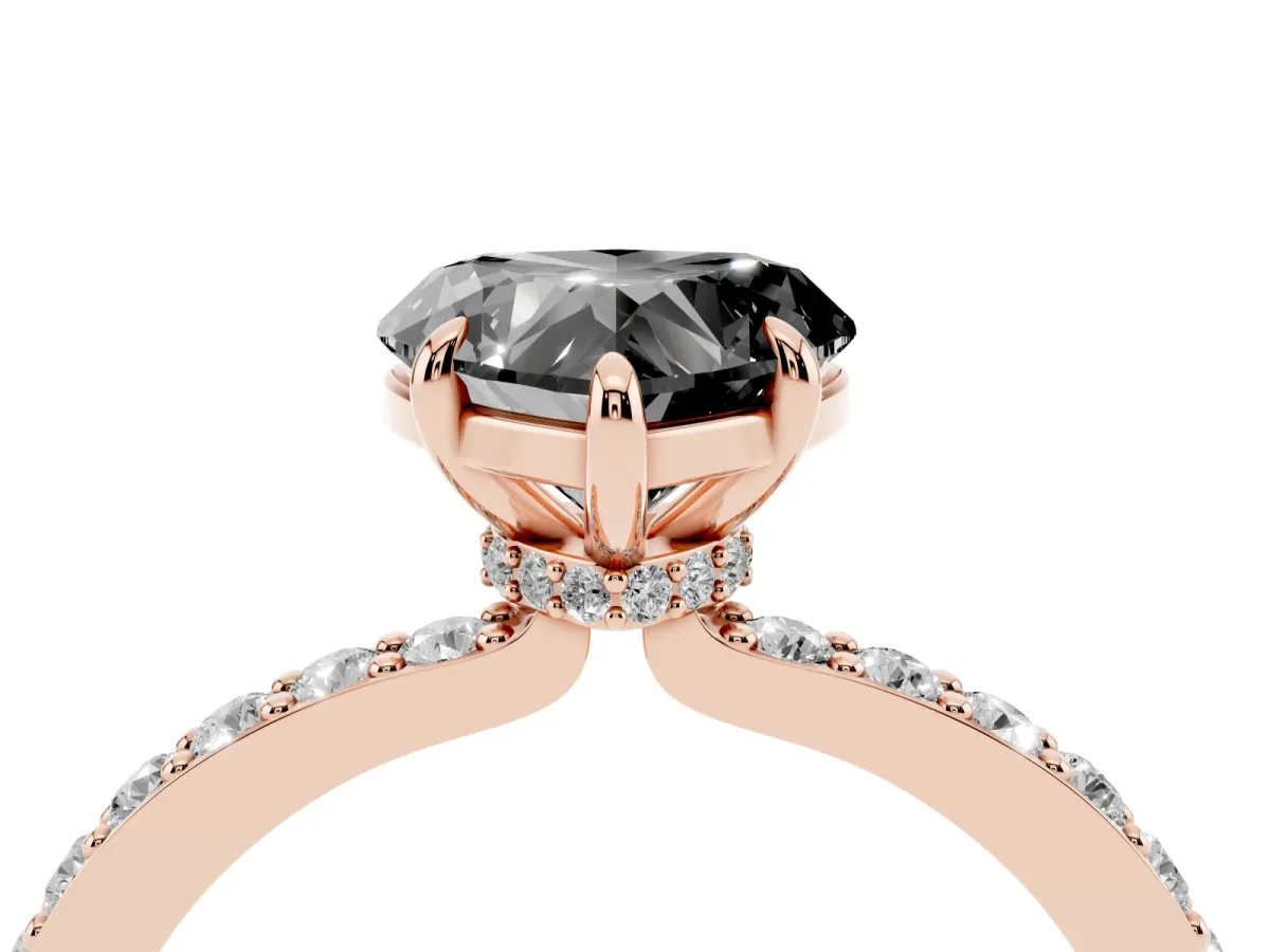 Fancy Black Heart Cut Diamond Pavé Engagement Ring with Round Accents and Prong Setting Rose gold