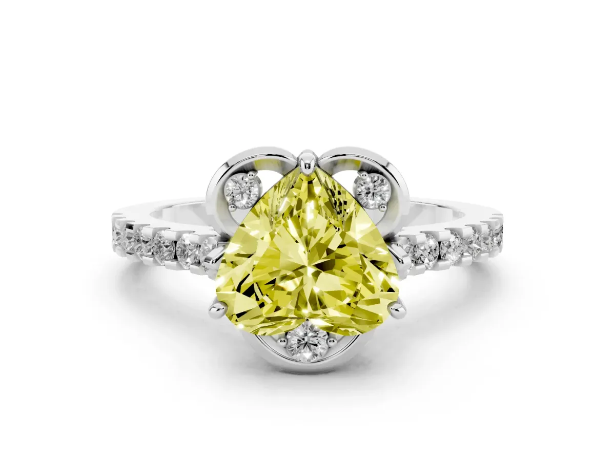 Fancy Yellow Heart Cut Diamond Ring with Pavé Band and Floral Prong Setting Silver