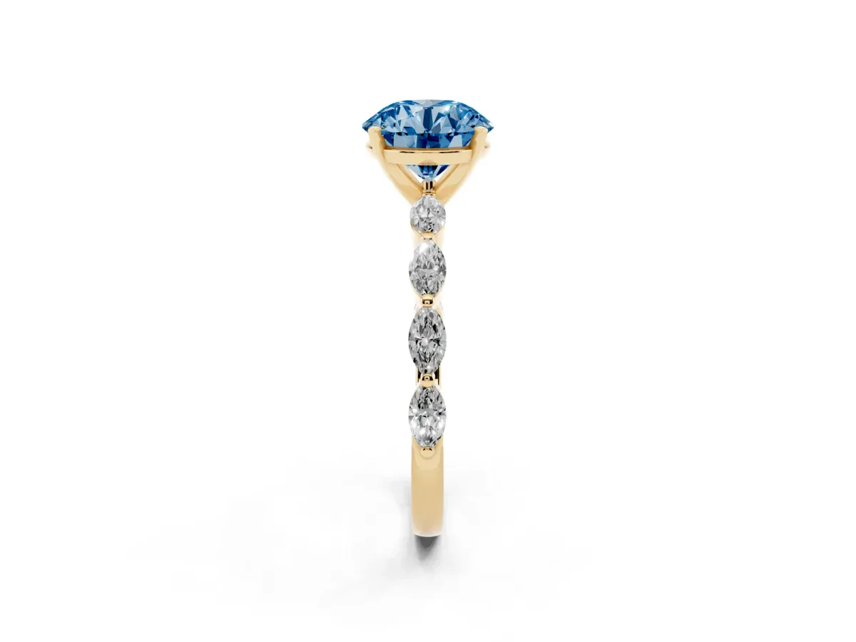 Fancy Blue Round Cut Diamond Ring with Marquise Side Stones and Prong Setting Yellow gold