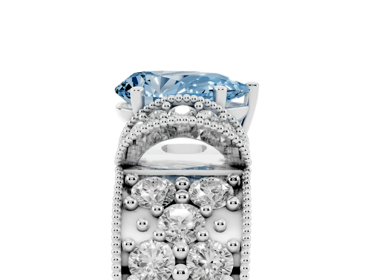 Fancy Blue Pear Cut Halo Pave Diamond Engagement Ring with Milgrain Detailing Platinum