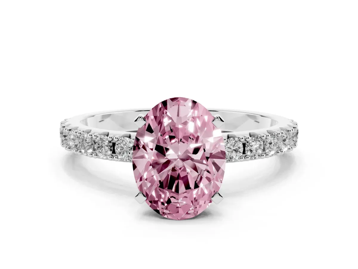Fancy Pink Oval Cut Diamond Solitaire Pavé Band with Four-Prong Setting Platinum