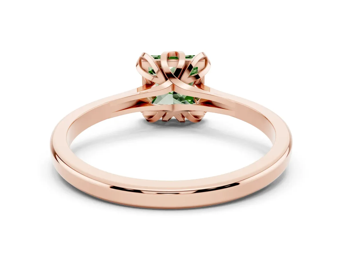 Fancy Green Princess Cut Diamond Solitaire Ring with Flower Prong Setting and Classic Band Rose gold