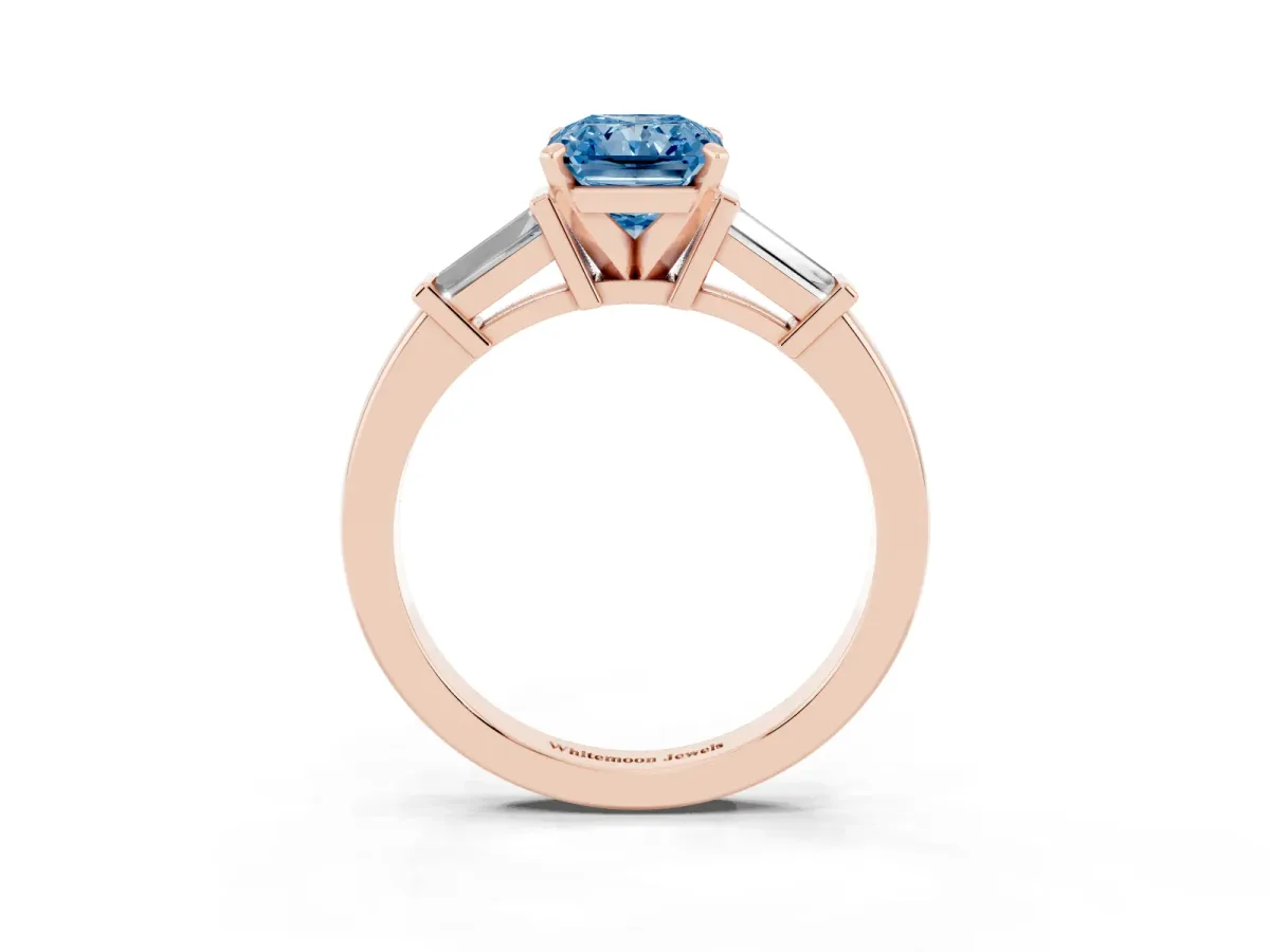 Fancy Blue Radiant Cut Cut Diamond Solitaire Ring with Tapered Baguette Accents and Four-Prong Setting Rose gold