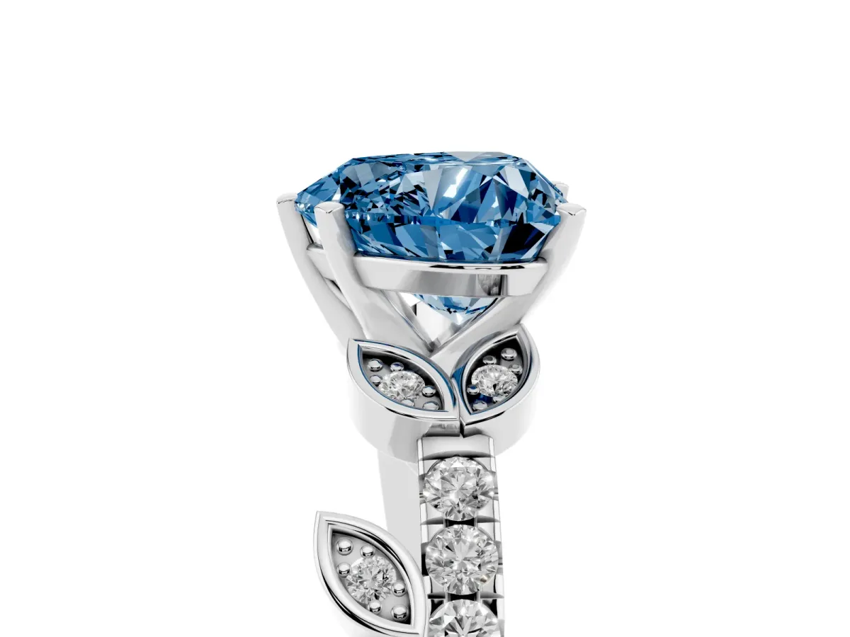 Fancy Blue Heart Cut Solitaire Leaf-Inspired Diamond Ring with Pavé Band and Four-Prong Setting Silver