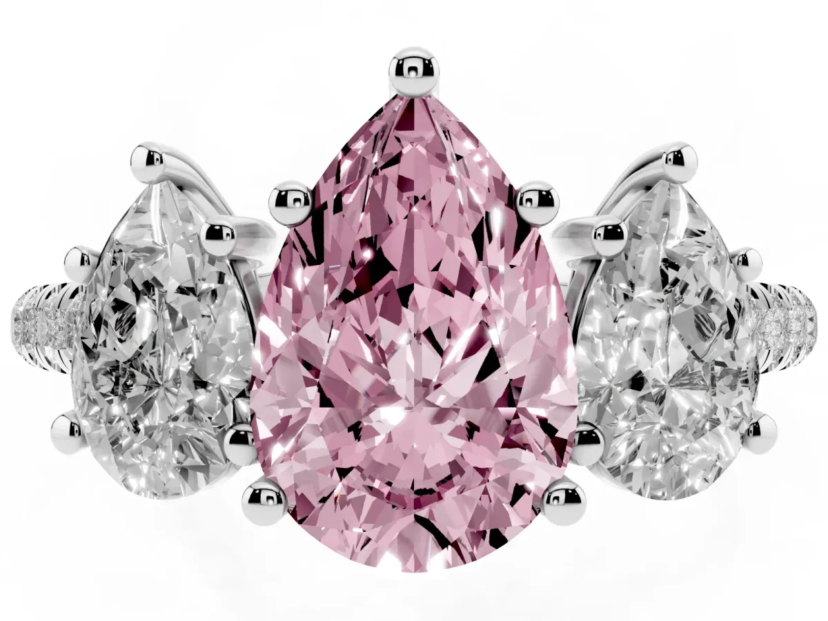Fancy Pink Three-Stone Pear Cut Diamond Ring with Round Pavé Band and Prong Setting Silver
