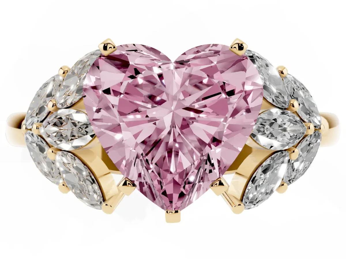 Fancy Pink Heart Cut Diamond Cluster Leaf Design Ring with Prong Setting Yellow gold