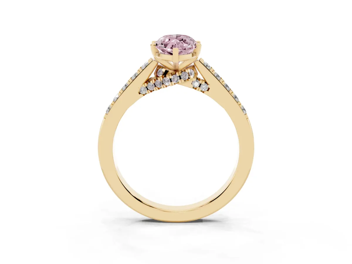 Fancy Pink Marquise Cut Diamond Solitaire Ring with Crossover Gallery and Round Pavé Band Yellow gold