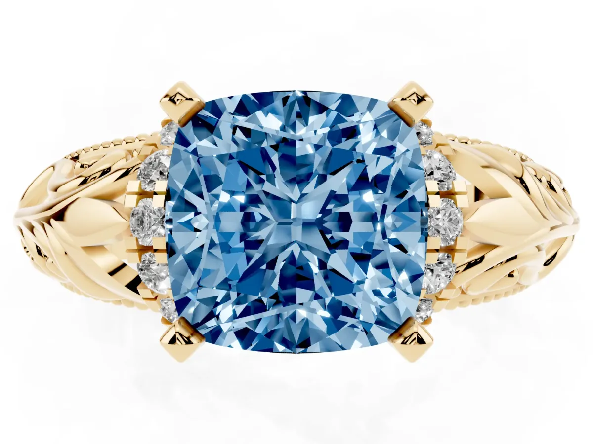 Fancy Blue Cushion Cut Solitaire Filigree Engagement Ring with Halo and Prong Setting Yellow gold