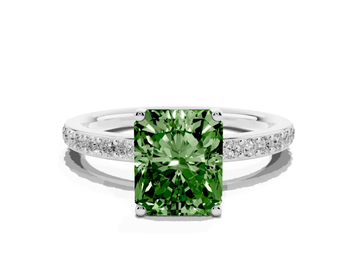 Fancy Green Radiant Cut Cut Diamond Pavé Band Ring with Four-Prong Setting Silver