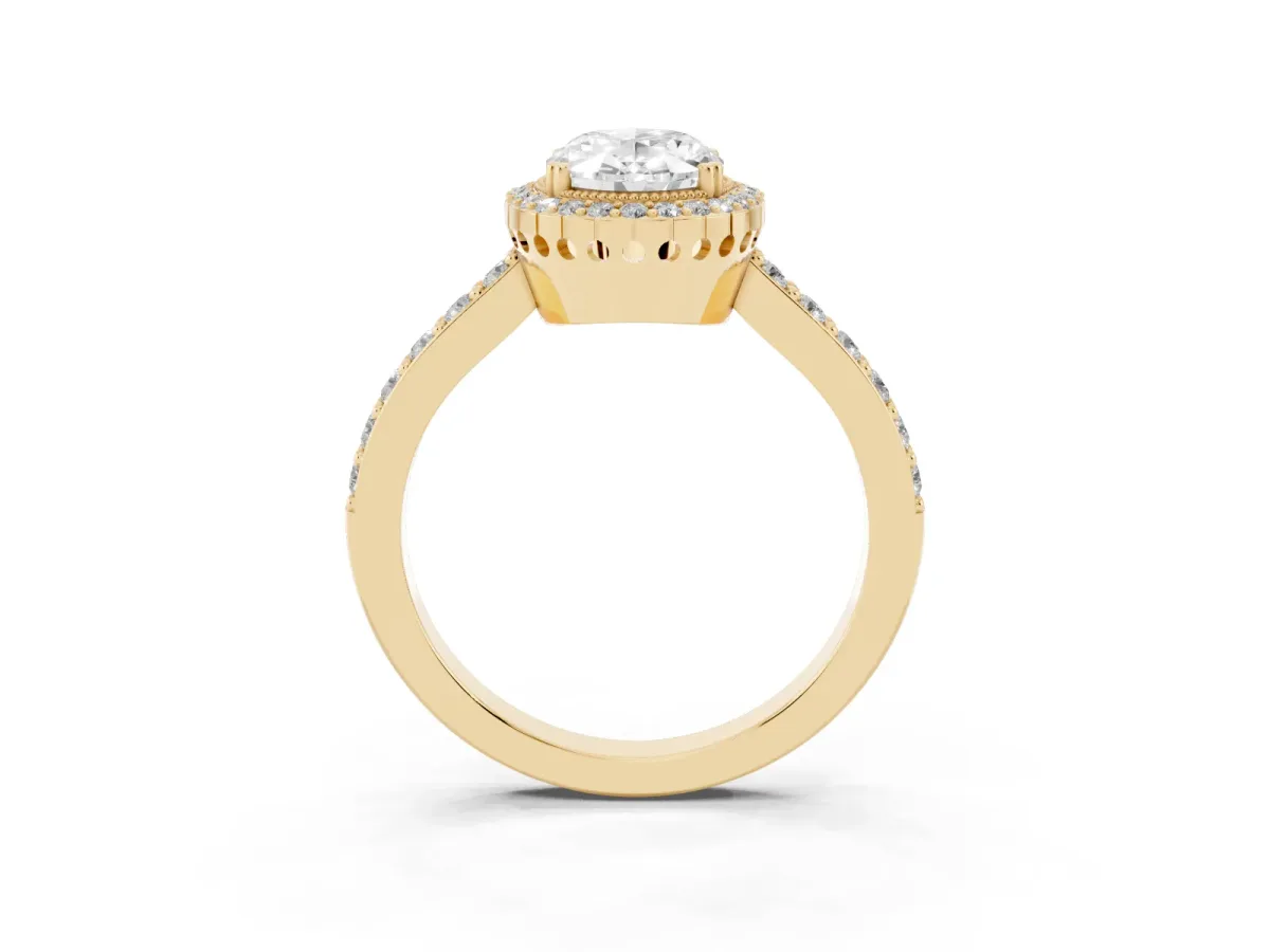 Oval Cut Cut Diamond Halo Engagement Ring with Milgrain Detail and Pavé Band Yellow gold