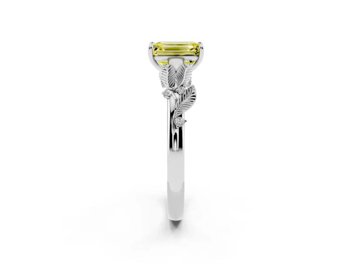 Fancy Yellow Emerald Cut Diamond Solitaire Ring with Leaf Motif Band and Four-Prong Setting Silver