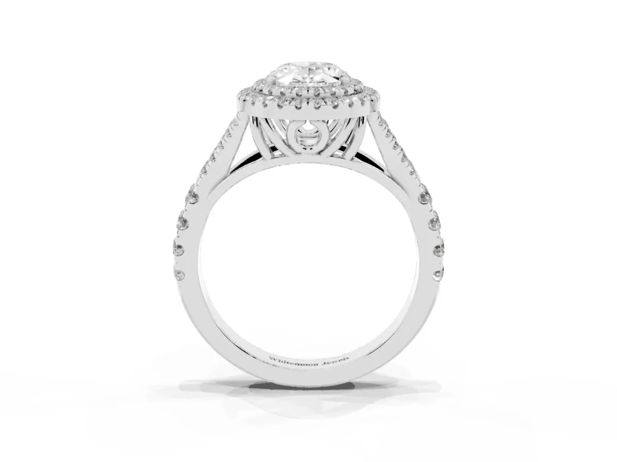 Oval Cut Diamond Pavé Split Shank Double Halo Engagement Ring Silver