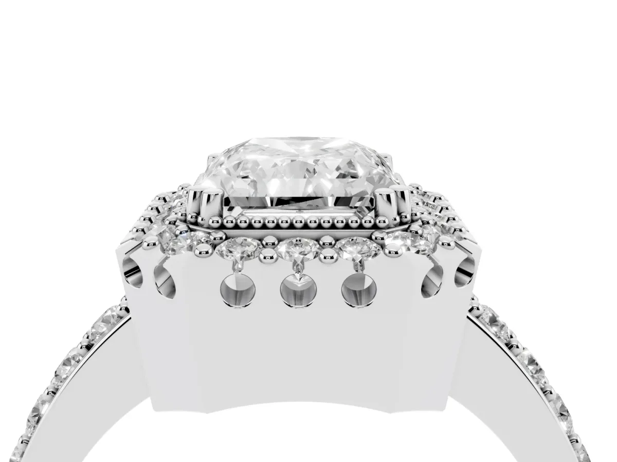 Radiant Cut Diamond Halo Ring with Pavé Band and Prong Setting Platinum