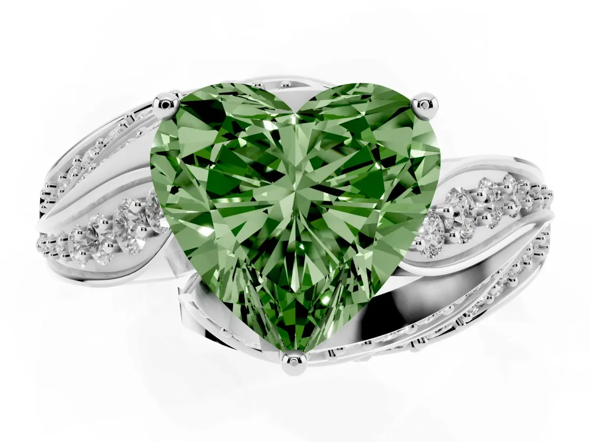 Fancy Green Heart Cut Diamond Solitaire Ring with Prong Setting and Twisted Pavé Band White gold