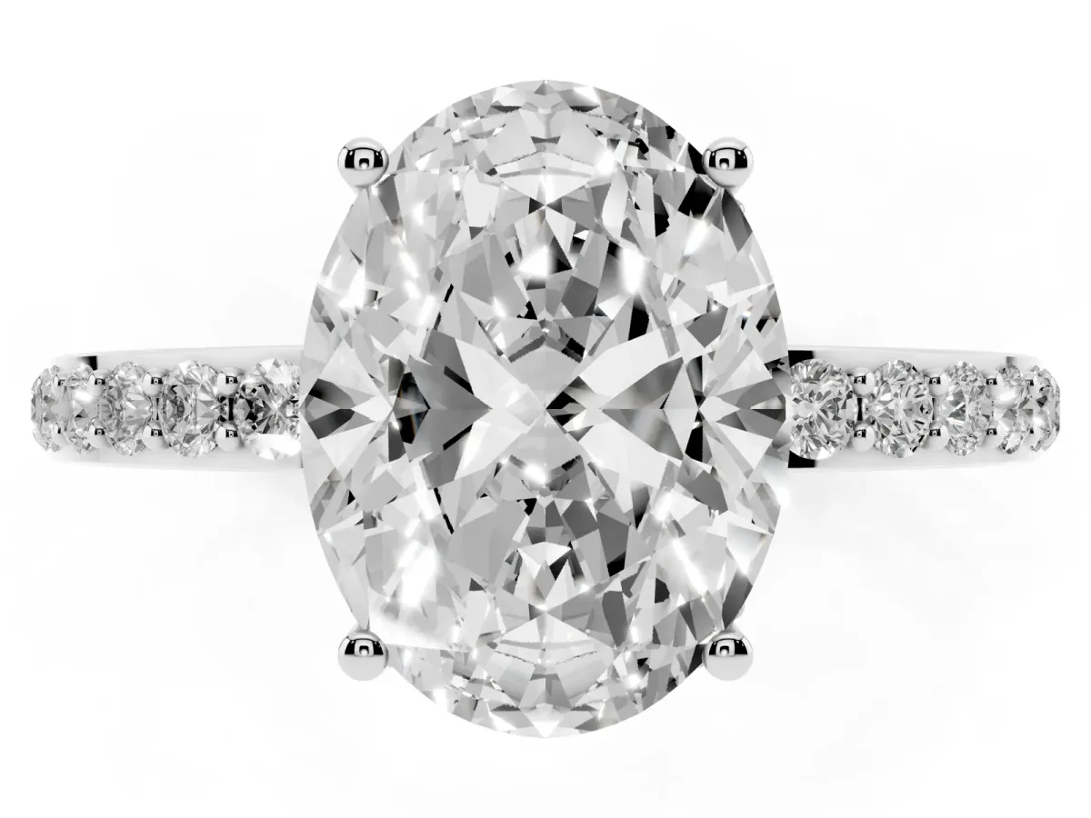 Oval Cut Diamond Solitaire Ring with Pavé Band and Hidden Halo Silver