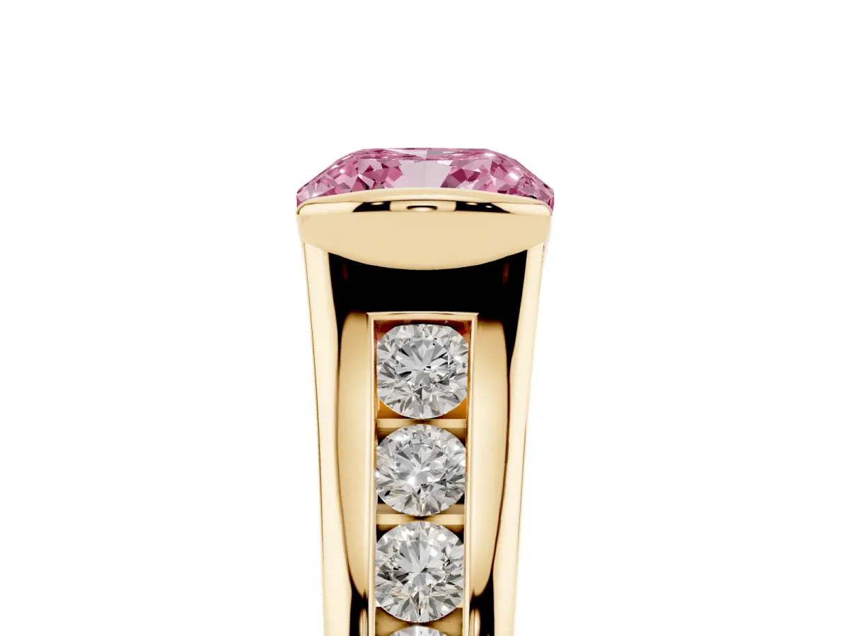 Fancy Pink Cushion Cut Solitaire Bezel-Set Diamond Ring with Channel-Set Band Yellow gold