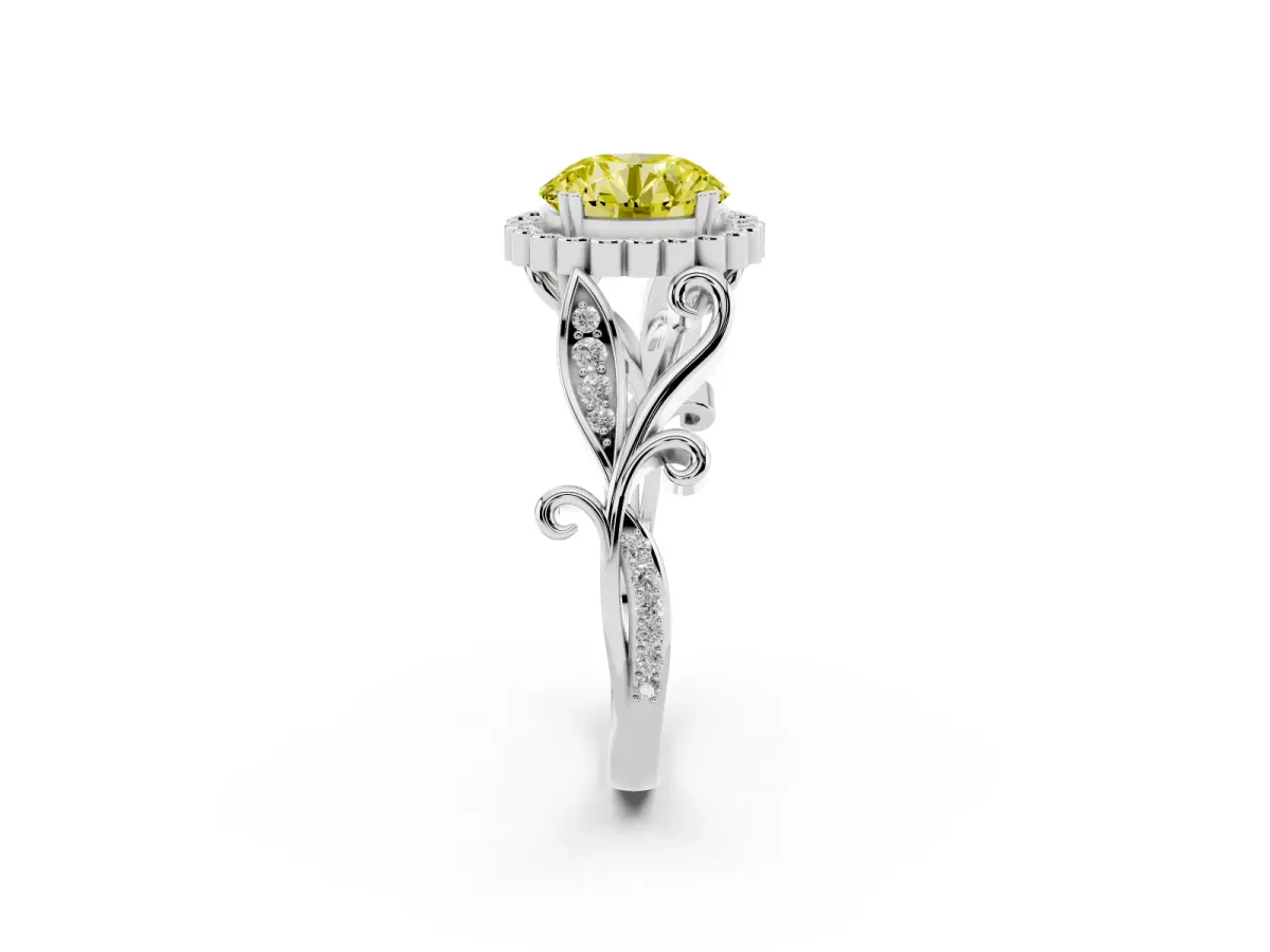 Fancy Yellow Round Cut Diamond Halo Ring with Vintage Split Shank and Four-Prong Setting Silver
