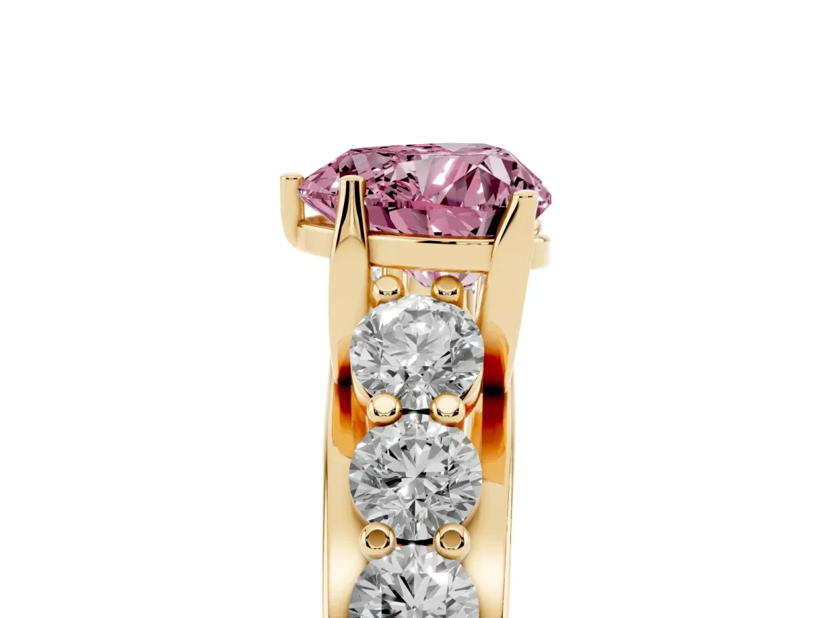 Fancy Pink Heart Cut Diamond Engagement Ring with Pavé Band and Four-Prong Setting Yellow gold