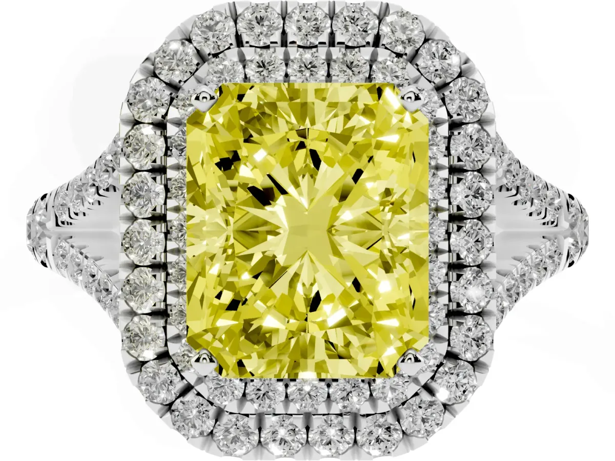 Fancy Yellow Radiant Cut Diamond Double Halo Ring with Split Shank and Prong Setting Platinum