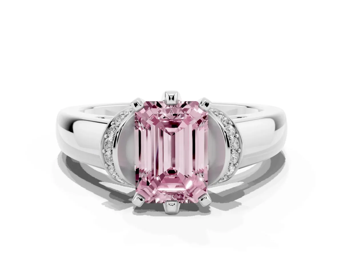 Fancy Pink Emerald Cut Solitaire Diamond Ring with Pave Band and Six-Prong Setting Silver