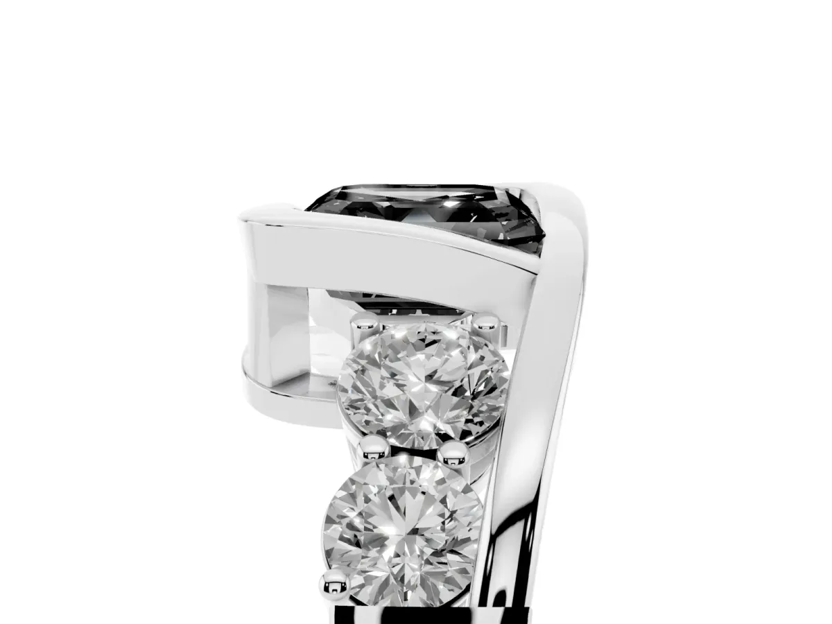 Fancy Black Bezel Set Asscher Cut Diamond Bypass Ring with Round Accents Silver