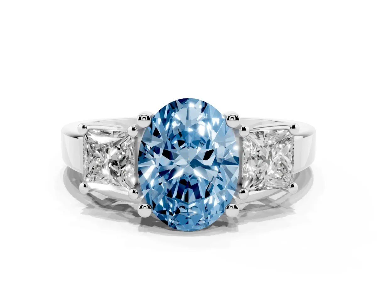 Fancy Blue Three-Stone Oval Cut Cut Solitaire Ring with Prong Setting White gold