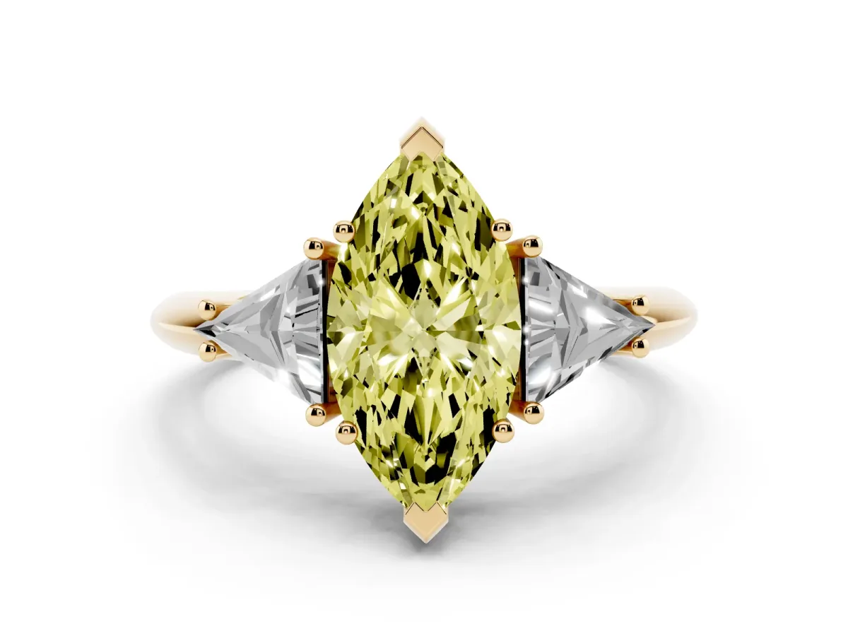 Fancy Yellow Three-Stone Marquise Cut Diamond Engagement Ring with Trillion Side Stones and Prong Setting Yellow gold