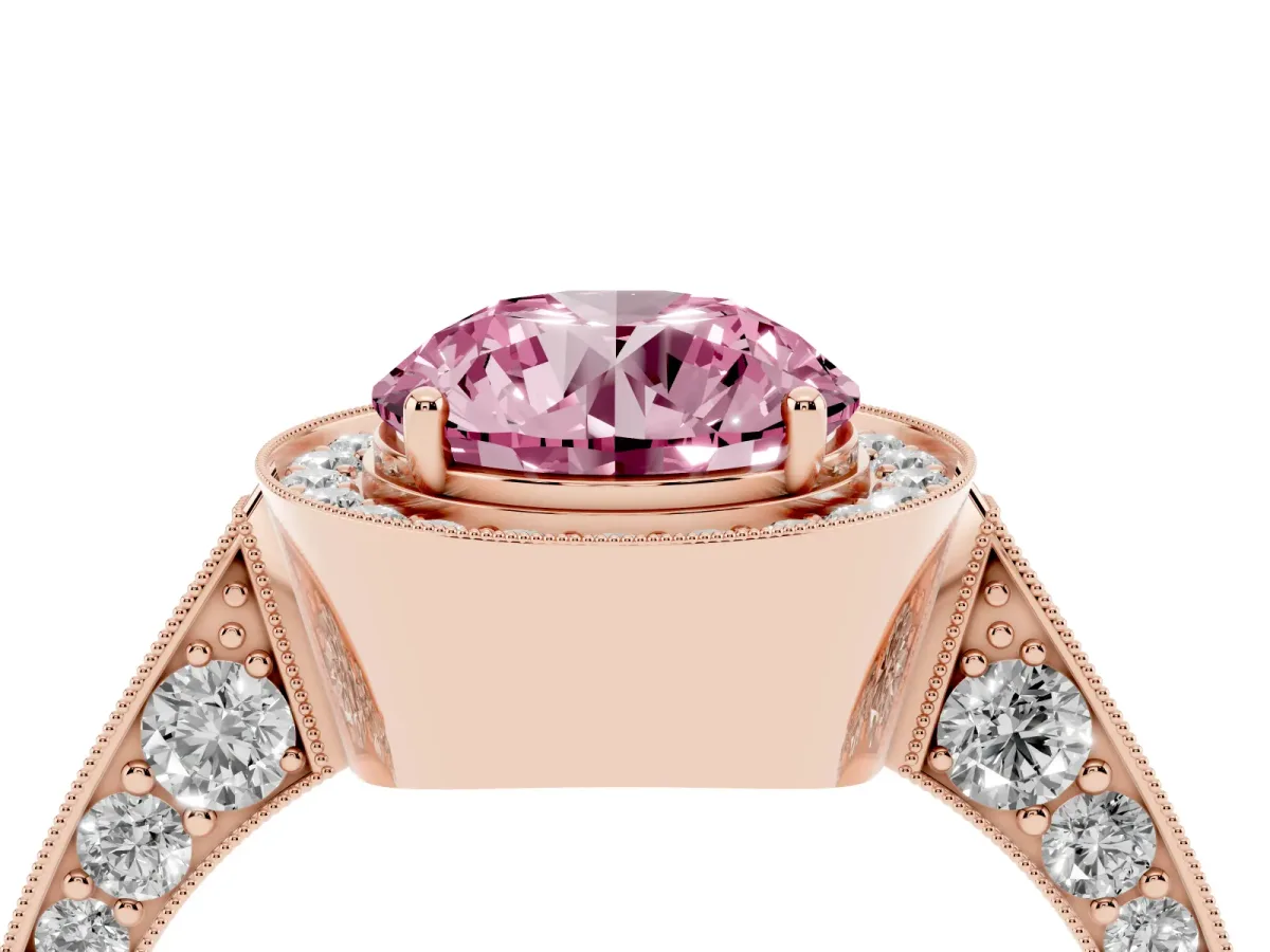 Fancy Pink Round Cut Halo Diamond Engagement Ring with Split Shank Band and Four-Prong Setting Rose gold