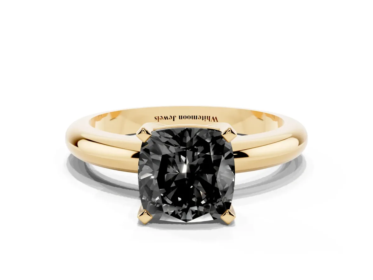 Fancy Black Cushion Cut Diamond Solitaire Engagement Ring with Round Band and Four-Prong Setting Yellow gold