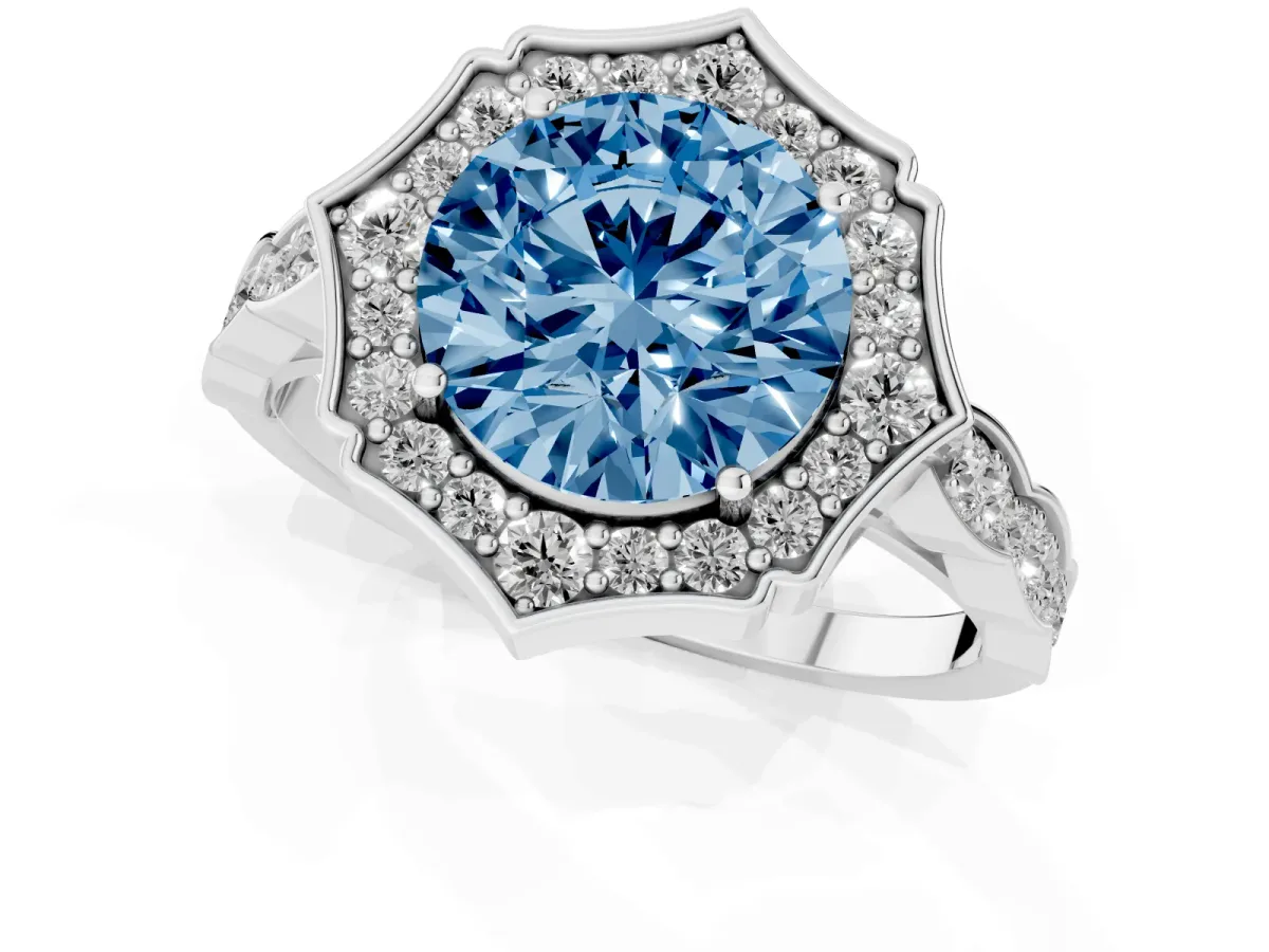 Fancy Blue Round Cut Halo Diamond Engagement Ring with Milgrain Band and Four-Prong Setting Silver