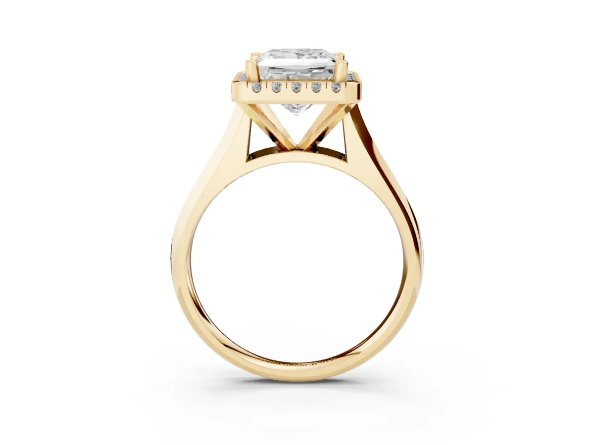 Princess Cut Cut Halo Solitaire Engagement Ring with Square Band and Four-Prong Setting Yellow gold