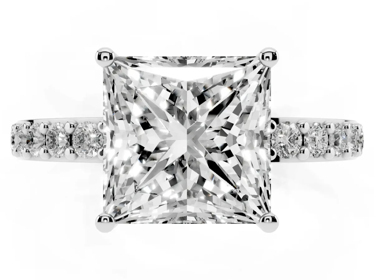Princess Cut Cut Diamond Solitaire with Pave Band and Four-Prong Setting Platinum