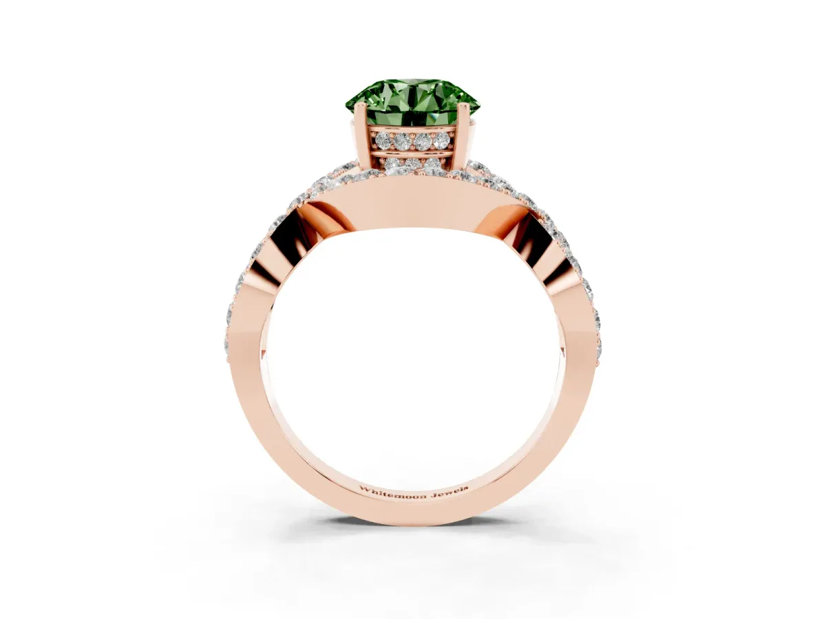 Fancy Green Round Cut Solitaire Twist Band Pavé Diamond Engagement Ring Rose gold