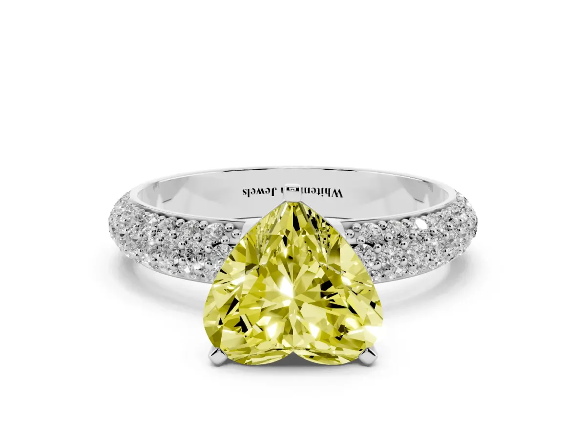 Fancy Yellow Heart Cut Diamond Solitaire Ring with Prong Setting and Pavé Band Silver