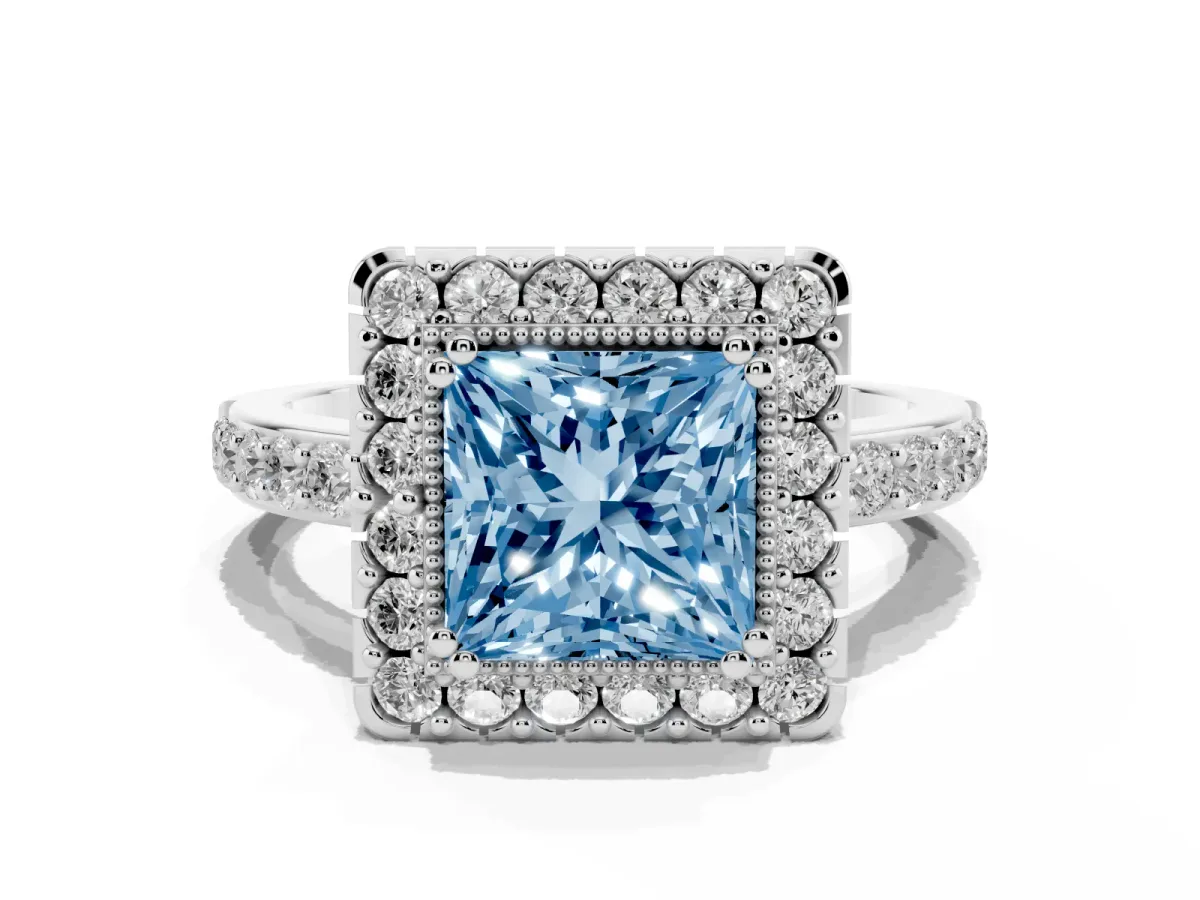 Fancy Blue Princess Cut Diamond Halo Ring with Pavé Band and Prong Setting White gold